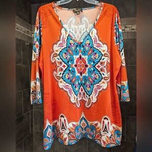 Melissa Paige Womens Tunic 1X Orange Blue Paisley V-Neck 3/4 Sleeve Boho Top Fun